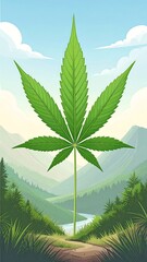 Cannabis leaf, scenic landscape