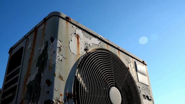 Old Rusty Outdoor Air Conditioner Condenser Unit with Peeling Paint Against a Clear Blue Sky