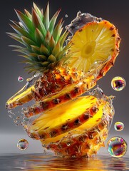 A vibrant pineapple spins mid-air, sliced to reveal juicy yellow flesh, surrounded by sparkling bubbles. The dynamic splash and vivid colors evoke tropical freshness and playful energy.