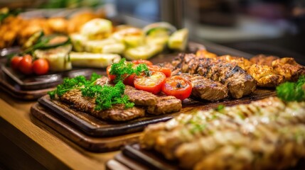 Different types of grilled meat are arranged on wooden platters alongside fresh vegetables and sides. This display is part of a food event in the evening.