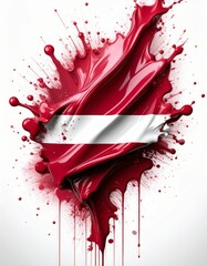 Painted national flag of Latvia with colorful, vibrant dark red splashes and blots, abstract artistic in speed motion, travel concept.