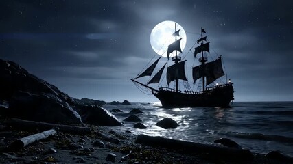 A majestic pirate ship sailing on a moonlit ocean near a rocky shore at night.