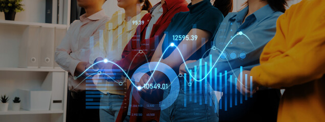 A diverse business team stands together in a modern office, with an overlay of dynamic graph data visualizations representing analytics and growth strategies. Scalp