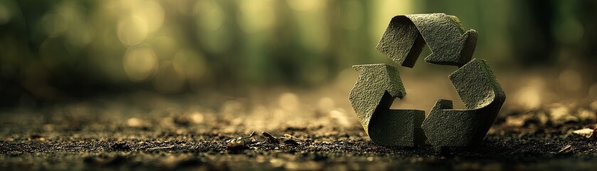 A rustic recycling symbol rests on forest soil, bathed in warm, dappled sunlight. It quietly champions sustainability, blending nature&rsquo;s beauty with eco-conscious purpose.
