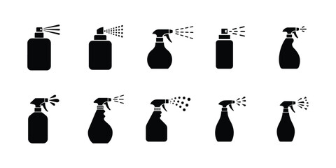 Minimalist spray bottle icon set, Perfume, Fragrance, and household cleaning spray vector silhouette