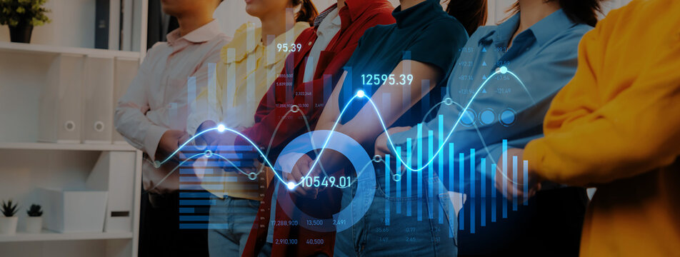 A diverse business team stands together in a modern office, with an overlay of dynamic graph data visualizations representing analytics and growth strategies. Scalp - Powered by Adobe