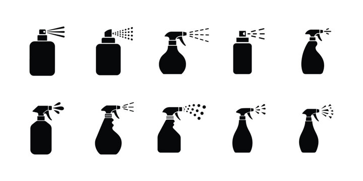 Minimalist spray bottle icon set, Perfume, Fragrance, and household cleaning spray vector silhouette