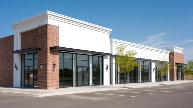 A building with a modern design stands in a commercial area. The storefront has large windows and is surrounded by an empty parking lot. It is a sunny day with blue skies.