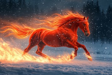 Forest snowy night with a fiery red horse with mane with light