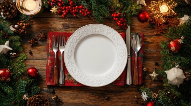 A table is set for a festive meal with an empty white plate and cutlery surrounded by green leaves red ornaments and candles for holiday celebration - Powered by Adobe