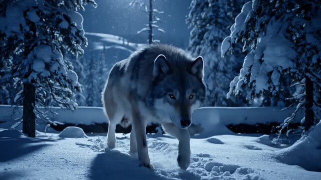 Majestic wolf walks through a snowy forest under moonlight cinematic wildlife scene