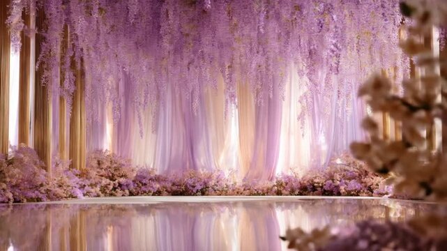 A stunning display of purple wisteria cascading over a reflective surface and floral arrangements