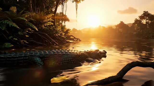 A realistic crocodile swims in a serene jungle river at sunset with golden light reflecting on the water