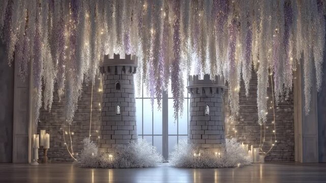 Two fairytale castle towers with hanging florals and lights, a whimsical and romantic setting