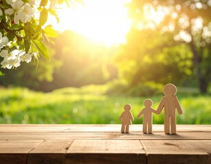 Wooden family figures on a table with blooming tree branches and golden sunlight