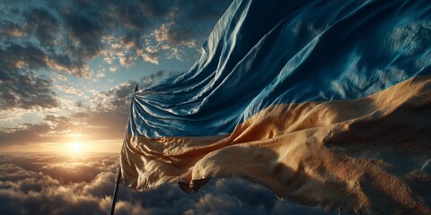 Ukraine flag billows majestically above clouds at sunset, blue and gold glowing with hope. The soaring banner symbolizes resilience, freedom, and national spirit against the sky.