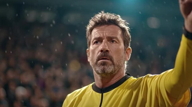 Tense referee showing yellow card in packed stadium during intense match