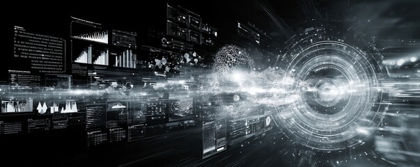 Dynamic visualization of artificial intelligence concepts, showcasing data analytics and technology integration for enhanced business intelligence and future innovations. Cipher 