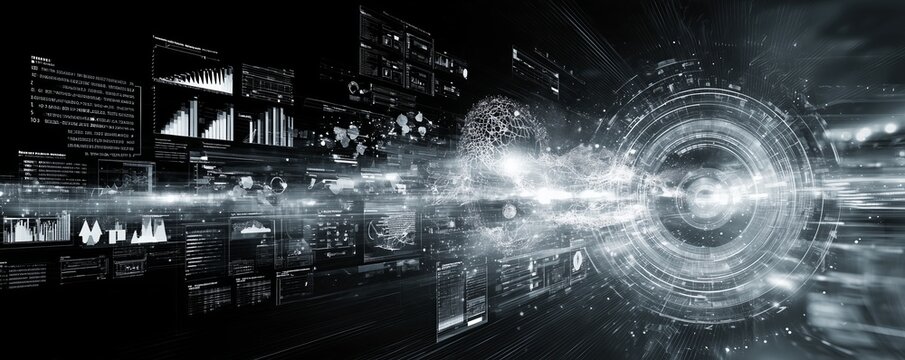 Dynamic visualization of artificial intelligence concepts, showcasing data analytics and technology integration for enhanced business intelligence and future innovations. Cipher  - Powered by Adobe