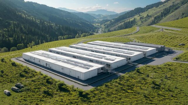 Modern White Industrial Buildings Data Center Campus Green Valley Mountains Aerial View Landscape