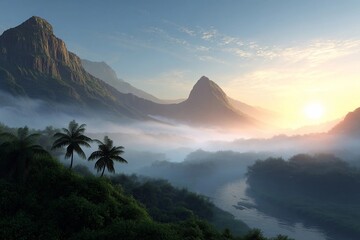 Mountains and river at sunrise in the misty valley
