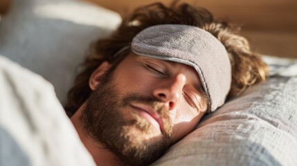 Man sleeps peacefully in bed wearing a sleep mask during the daytime