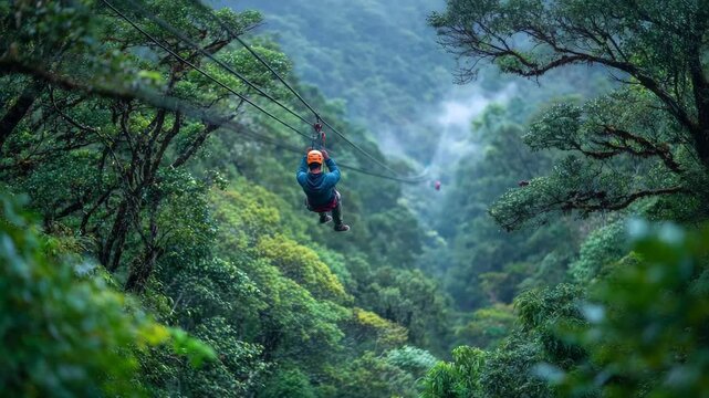 a man riding a zipline through a lush green forest, A man glides on a zipline above a vibrant green forest, surrounded by dense trees and foliage