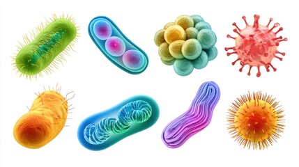 Various types of bacteria and viruses are displayed showing their shapes and colors. These microorganisms are essential for understanding health and science.