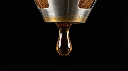 Coffee drop falling from a coffee machine during espresso making process. Delicious morning drink preparation concept.