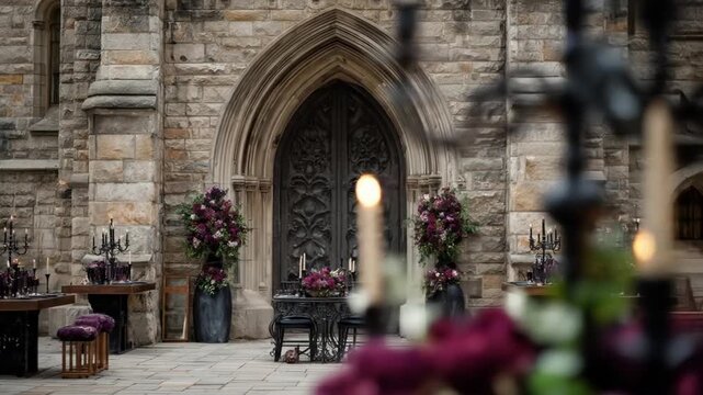 Wedding reception scene features ornate doorway, floral arrangements, candelabras, tables, chairs, and stone facade