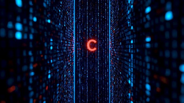 Glowing Red Letter C Digital Code Matrix Blue Binary Streams Vertical Lines Tunnel Perspective
