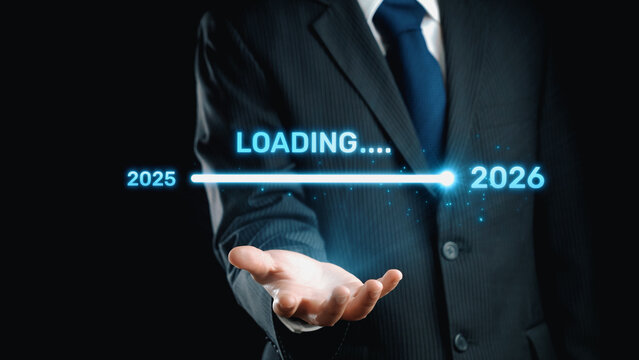 Visualizing the shift from 2025 to 2026. Progress bar symbolizing advancement, strategic foresight, yearly goal-setting, and business transformation for the upcoming year. Elide