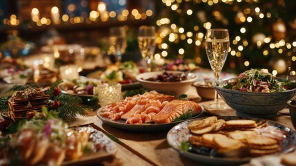 Fototapeta premium Several plates are filled with seafood salads and snacks. Glasses of sparkling drink are placed on the table. The setting is warm with holiday lights around a Christmas tree.