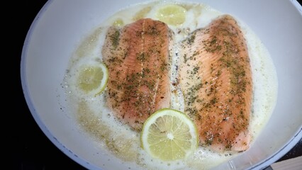 Red-fleshed salmon trout, Salmo trutta, in the Horn-Bad Meinberg restaurant kitchen.