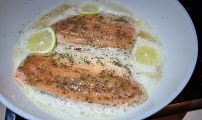 Red-fleshed salmon trout, Salmo trutta, in the Horn-Bad Meinberg restaurant kitchen.