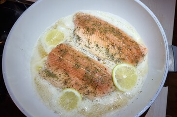 Red-fleshed salmon trout, Salmo trutta, in the Horn-Bad Meinberg restaurant kitchen.