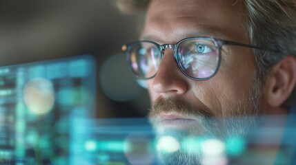 Focused man working on a digital project in a modern office setting