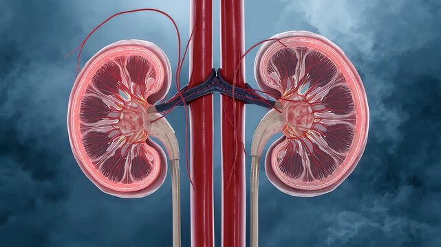 Human Kidneys Anatomy Renal Arteries Veins Glowing Red Blue Cross Section Medical Visualization Dark Background