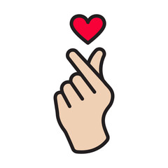 Fototapeta premium Editable linear icon of finger heart with color fill for Valentine’s Day. Cute K-pop inspired love gesture symbol for romance, dating, social media, apps, stickers, and holiday designs.