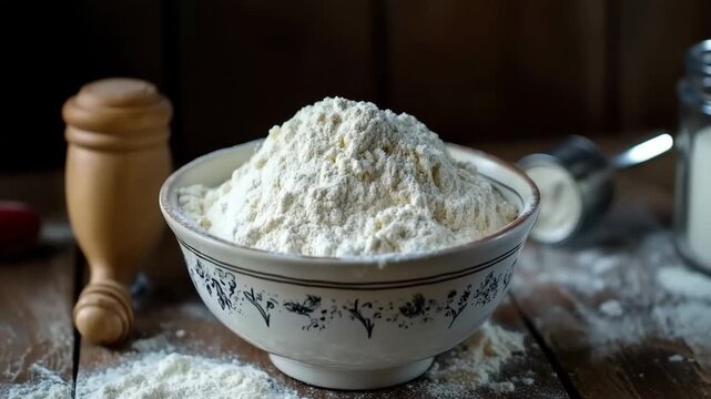 A bowl of white flour with a mound showing the fine, Bowl of White Flour with a Fine, Soft Mound Highlighting Its Smooth Texture and Baking Purity