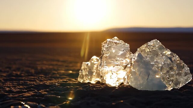 Shiny crystals reflect the warm sunlight in a vast desert landscape, creating a stunning visual effect. The crystals and setting combine to showcase the beauty of nature's formations.