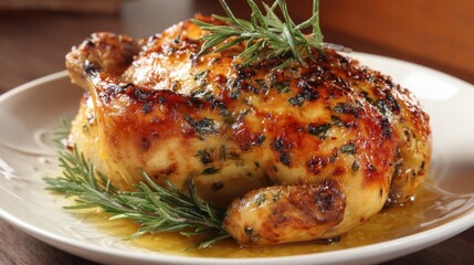 A whole roasted chicken is placed on a white plate garnished with fresh herbs. The setting showcases a wooden table prepared for an evening meal with family or friends.