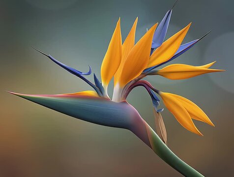 Vibrant tropical flower with striking orange and blue petals gradually unfurls, showcasing intricate details and textures against a soft blurred background