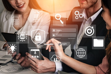 Business professionals engage in a collaborative discussion on digital security and technology, utilizing tablets and user interface elements in an innovative workspace. Gantry