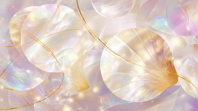 Soft, abstract depiction of floating, translucent circular and petal-like forms with golden lines