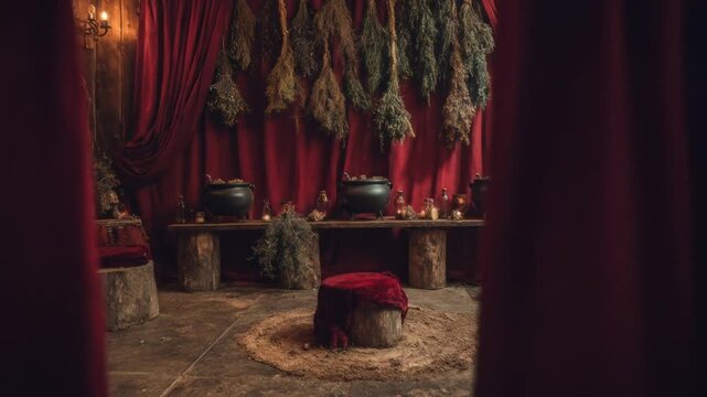 A dimly lit witch's workshop scene featuring cauldrons, herbs, and potions against a draped background
