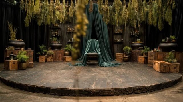 Atmospheric stage design, featuring a draped chair, herbs, potions, and wooden crates