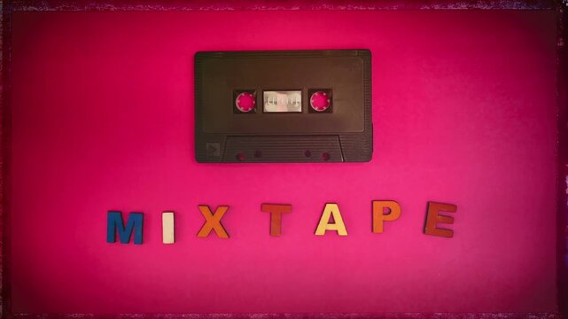 Cassette tape and the words mix tape animated using stop motion on pink.
