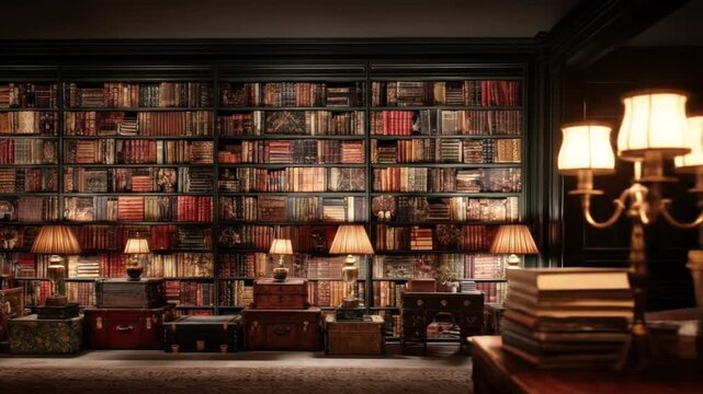 A classic, cozy library with floor-to-ceiling bookshelves overflowing with aged volumes and decorative lamps