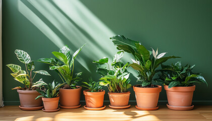 Fototapeta premium Assortment of indoor plants in pots, positioned near window. Plants include greenery. Concept of interior design with indoor plants